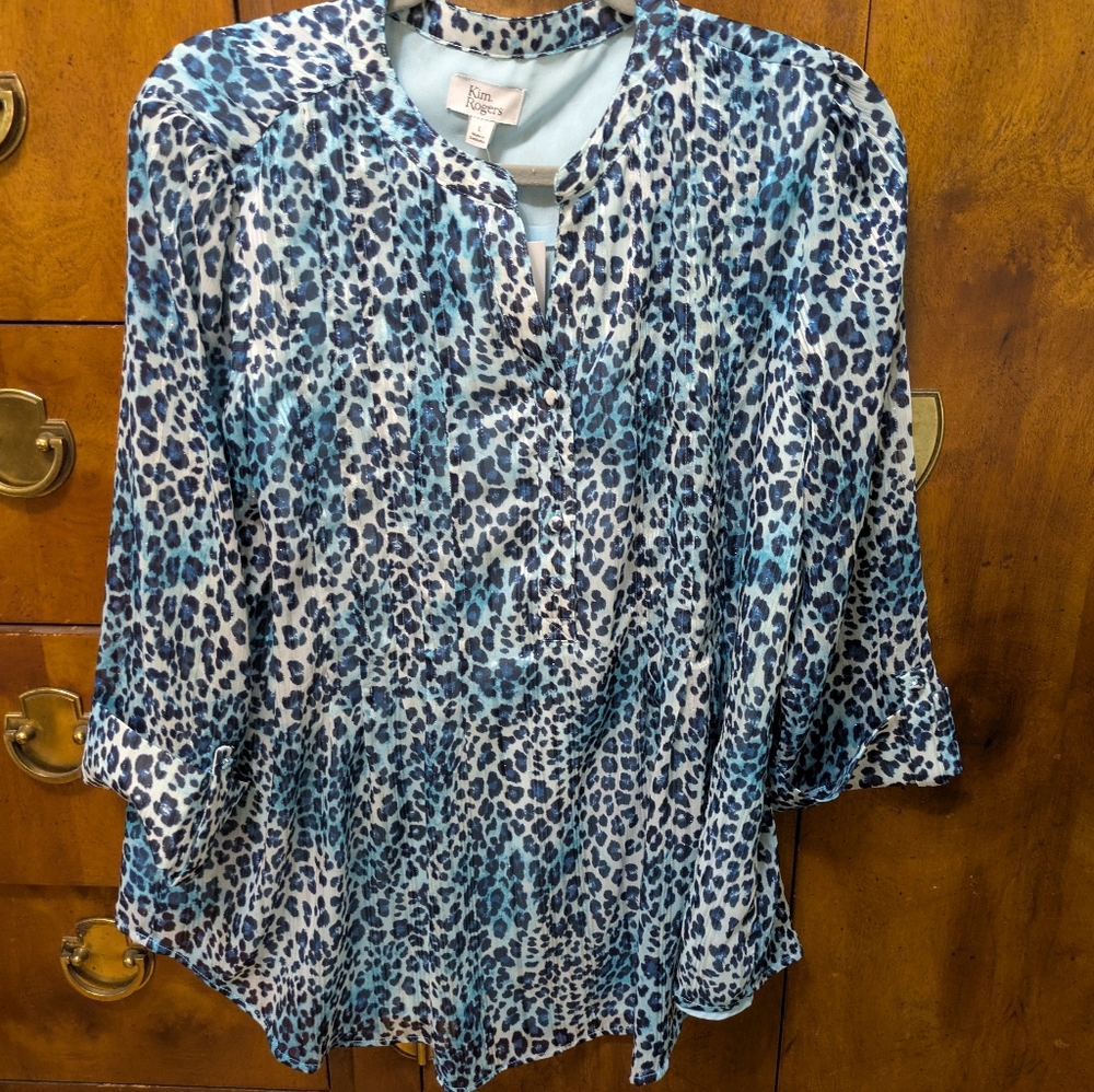 NWT Kim Rogers blue/aqua/black blouse